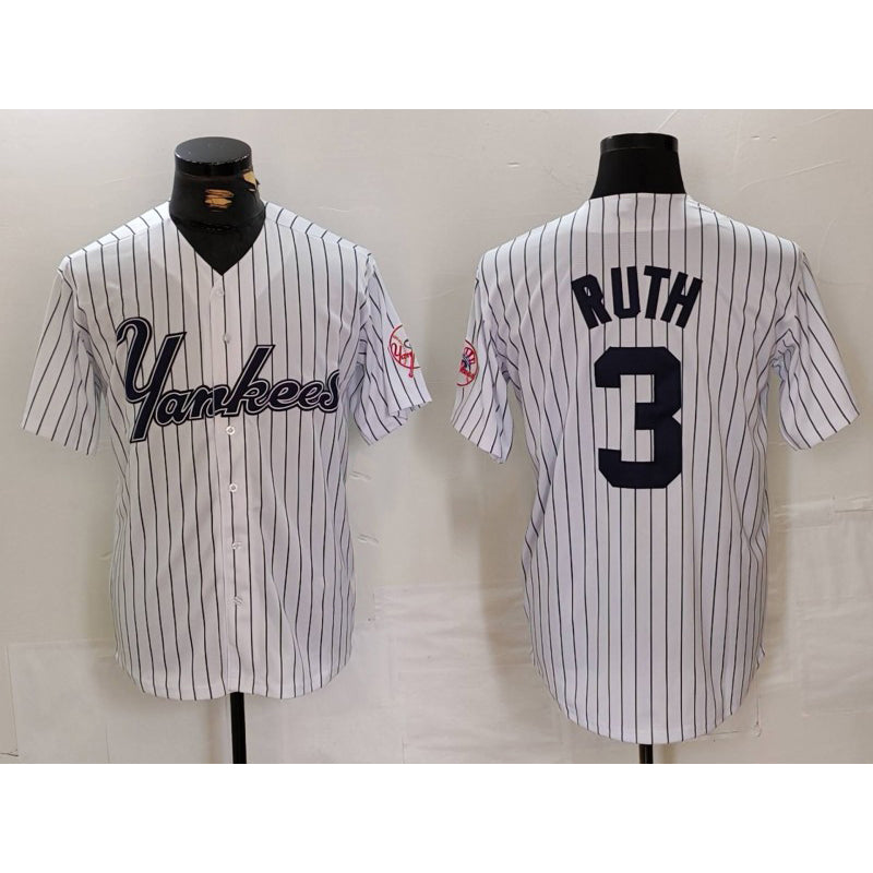 New York Yankees #3 Babe Ruth White Fedasgoge Pinstripe Fashion Cool Base Jersey 3