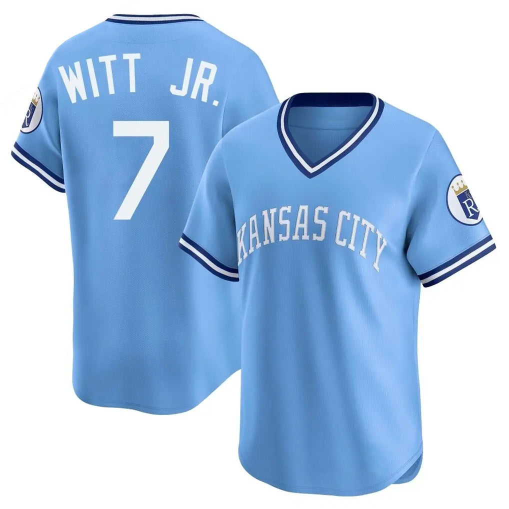 Kansas City Royals #7 Bobby Witt Jr. Player Light Blue Fedasgoge Limited Throwback Cooperstown Collection T-shirt Stitched Jerseys