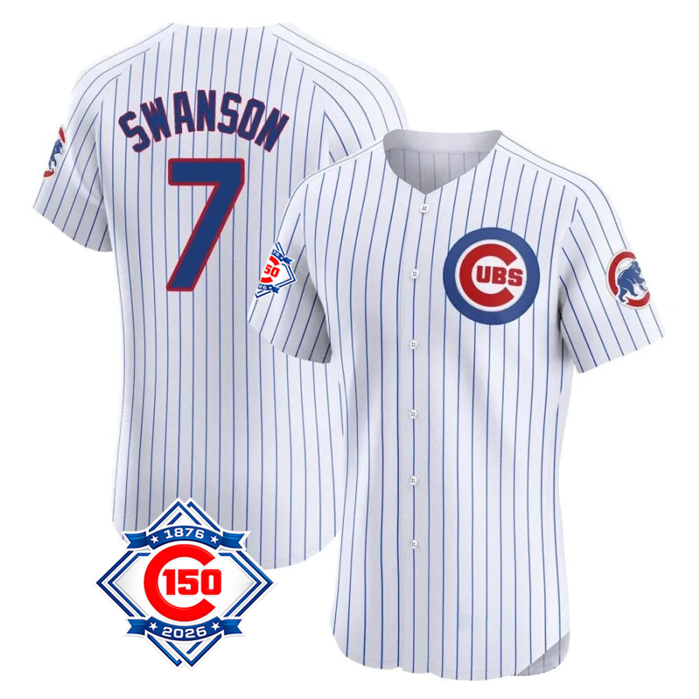 Chicago Cubs #7 Dansby Swanson Player White Fedasgoge 150th Anniversary Limited Elite Home Game Stitched Jerseys