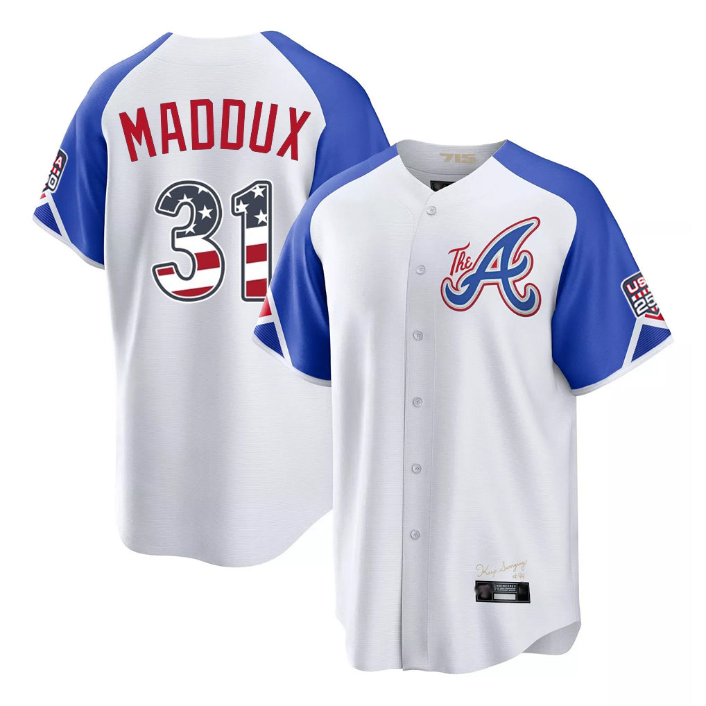 Atlanta Braves #31 Greg Maddux Player White Fedasgoge USA 250 Fourth Of July City Connect Home Game Stitched Jerseys