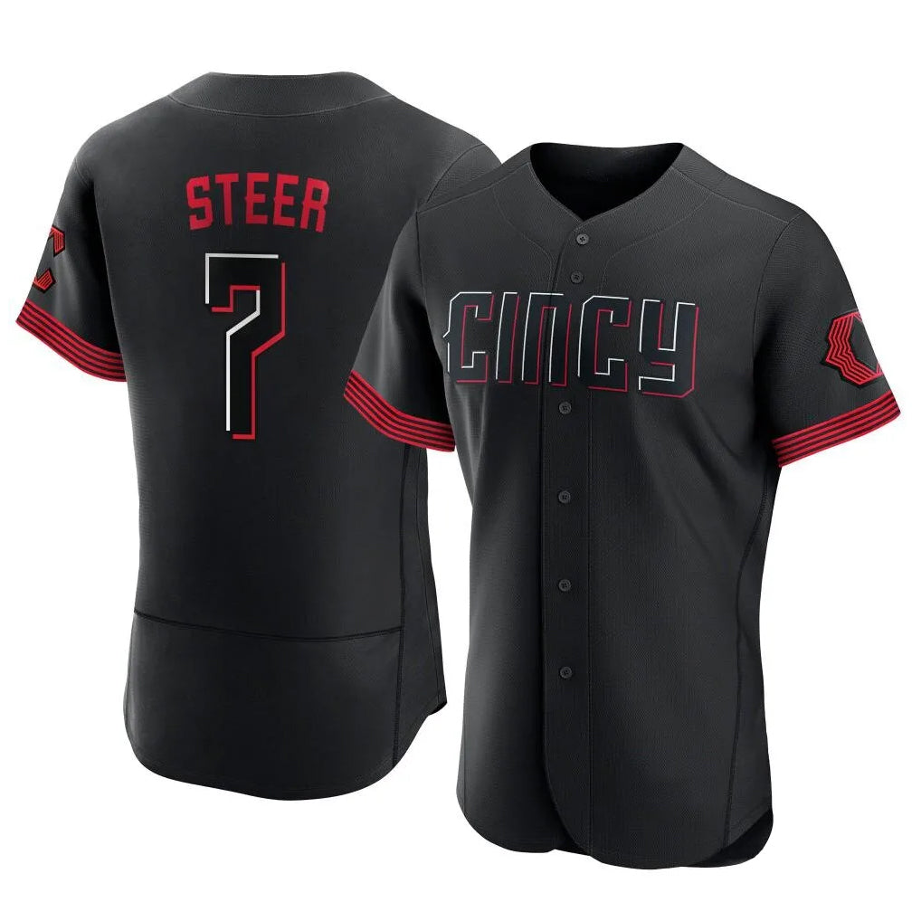 Cincinnati Reds #7 Spencer Steer Player Black Fedasgoge City Connect Limited Elite Home Stitched Jerseys