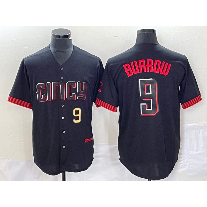 Cincinnati Reds #9 Joe Burrow Number Black Fedasgoge 2023 City Connect Cool Base Stitched Jersey 2