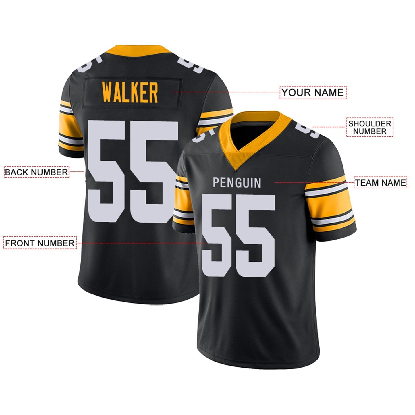 Custom Football Jerseys Team Player or Personalized Design Your Own Name for Men's Women's Youth Jerseys Black