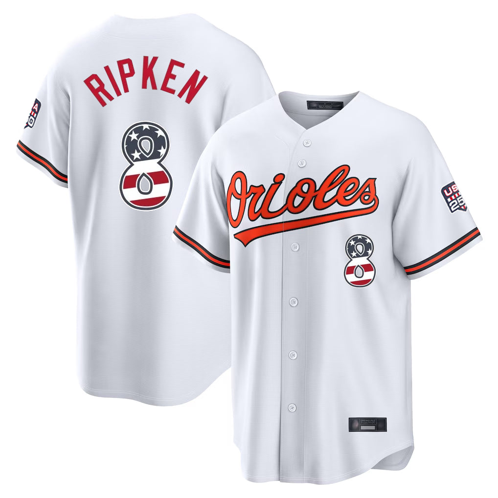 Baltimore Orioles #8 Cal Ripken Player White Fedasgoge USA 250 Fourth of July Home Game Stitched Jerseys