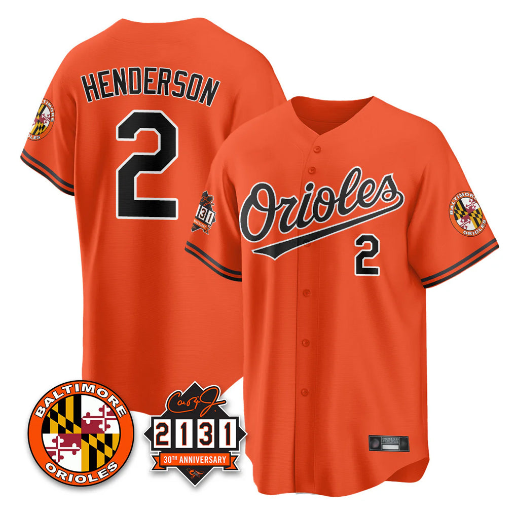Baltimore Orioles #2 Gunnar Henderson Player Orange Fedasgoge 30th Anniversary of 2131 Home Game Stitched Jerseys