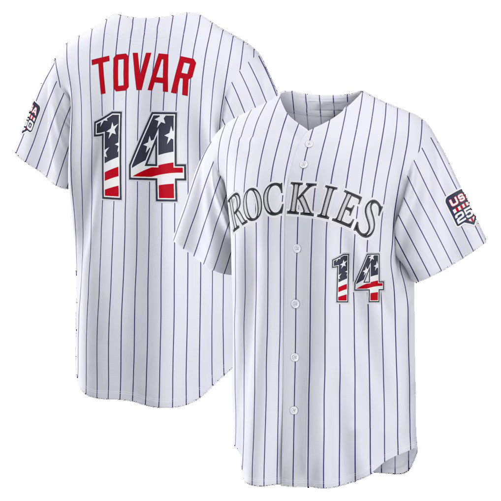 Colorado Rockies #14 Ezequiel Tovar USA 250 Fourth of July Home Stadium Jersey - White Fedasgoge
