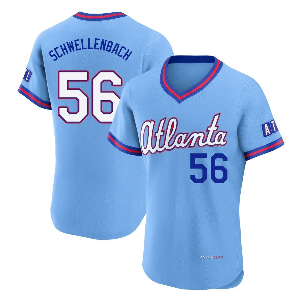 Atlanta Braves #56 Spencer Schwellenbach Player Powder Blue Fedasgoge 2026 City Connect T-shirt Limited Elite Home Game Stitched Jerseys