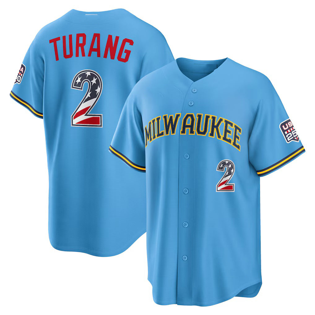 Milwaukee Brewers #2 Brice Turang USA 250 Fourth of July Road Stadium Jersey - Light Blue Fedasgoge