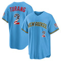 Milwaukee Brewers #2 Brice Turang USA 250 Fourth of July Road Stadium Jersey - Light Blue Fedasgoge