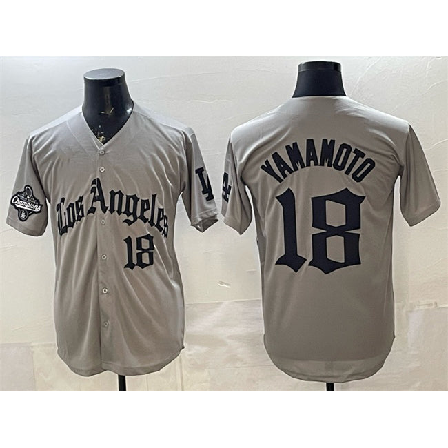 Los Angeles Dodgers #18 Yoshinobu Yamamoto Grey Fedasgoge LA Gothic Style With 2025 World Series Champions Patch Limited Stitched Jersey
