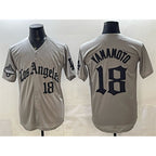 Los Angeles Dodgers #18 Yoshinobu Yamamoto Grey Fedasgoge LA Gothic Style With 2025 World Series Champions Patch Limited Stitched Jersey