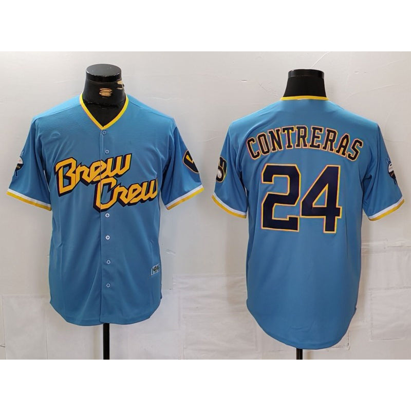 Milwaukee Brewers #24 William Contreras Blue Fedasgoge 2022 City Connect Cool Base Stitched Jersey