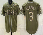 San Diego Padres #3 Jackson Merrill Olive Fedasgoge 2026 Armed Forces Day Jersey