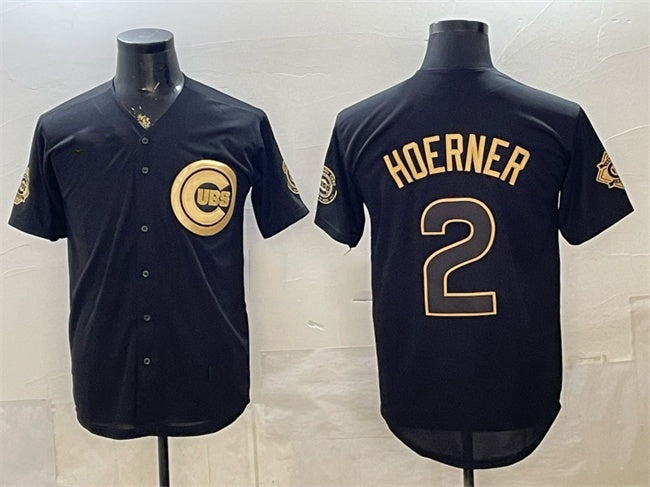 Chicago Cubs #2 Nico Hoerner Black Gold Fedasgoge 150th Anniversary Patch Stitched Jersey