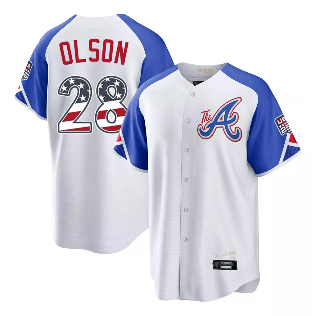 Atlanta Braves #28 Matt Olson Player White Fedasgoge USA 250 Fourth Of July City Connect Home Game Stitched Jerseys