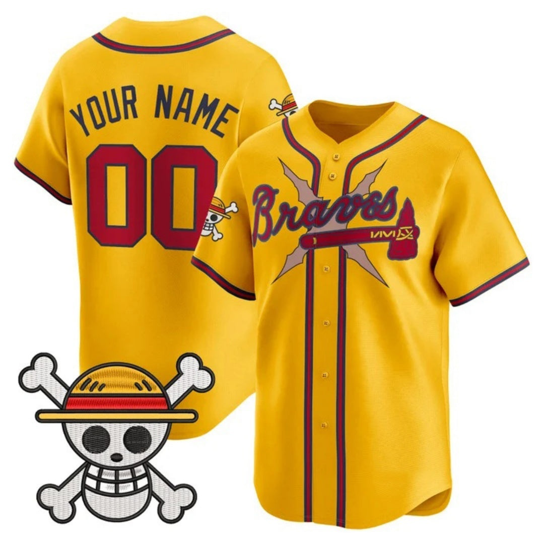 Custom Atlanta Braves x One Piece Gold Fedasgoge Vapor Premier Limited Jersey - Stitched