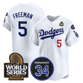 Los Angeles Dodgers #5 Freddie Freeman White Fedasgoge 2024 World Series With Fernando Memorial Patch Limited Stitched Jersey