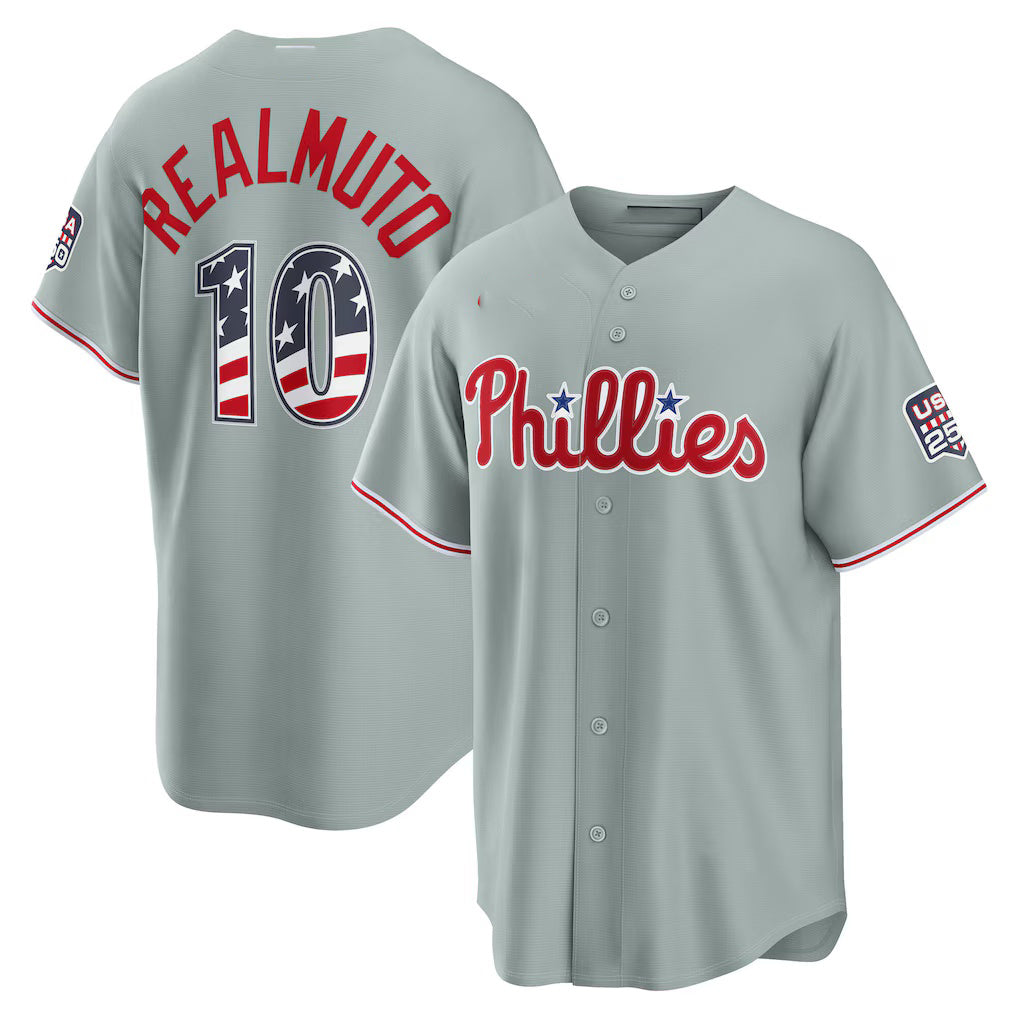 Philadelphia Phillies #10 J.T. Realmuto USA 250 Fourth of July Road Stadium Jersey - Gray Fedasgoge