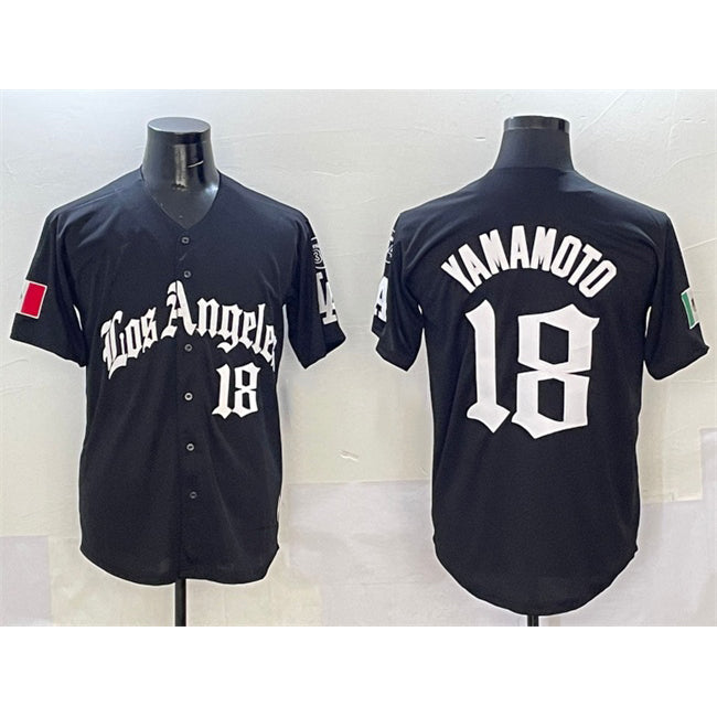 Los Angeles Dodgers #18 Yoshinobu Yamamoto Black Fedasgoge Mexico 2025 LA Gothic Style With Fernando Patch Vapor Premier Limited Stitched Jersey