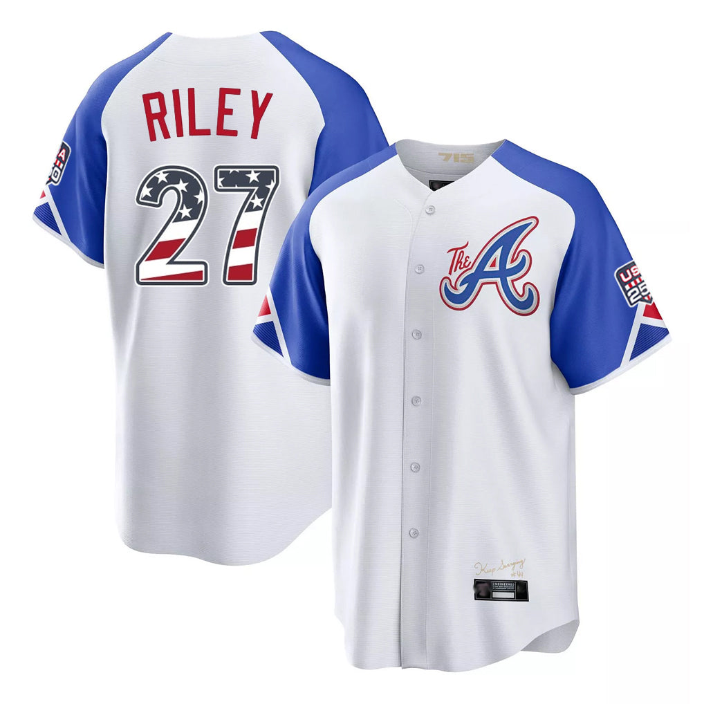Atlanta Braves #27 Austin Riley Player White Fedasgoge USA 250 Fourth Of July City Connect Home Game Stitched Jerseys
