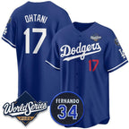 Los Angeles Dodgers #17 Shohei Ohtani Royal Fedasgoge 2025 World Series With No.34 Patch Limited Stitched Jersey