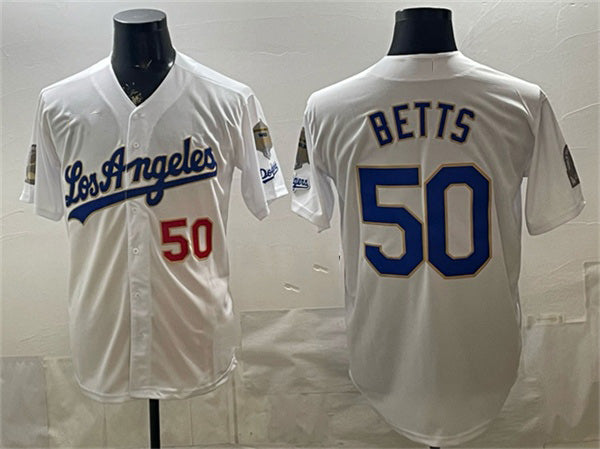 Los Angeles Dodgers #50 Mookie Betts White Fedasgoge 2026 Gold Collection 9x & B2B Champs Patch Stitched Jersey
