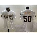 Los Angeles Dodgers #50 mookie betts white gold Fedasgoge 2024 world series with fernando memorial patch limited stitched jersey