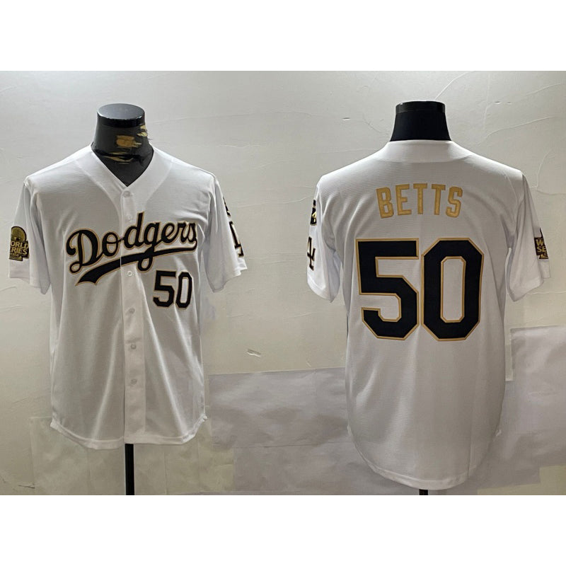 Los Angeles Dodgers #50 mookie betts white gold Fedasgoge 2024 world series with fernando memorial patch limited stitched jersey