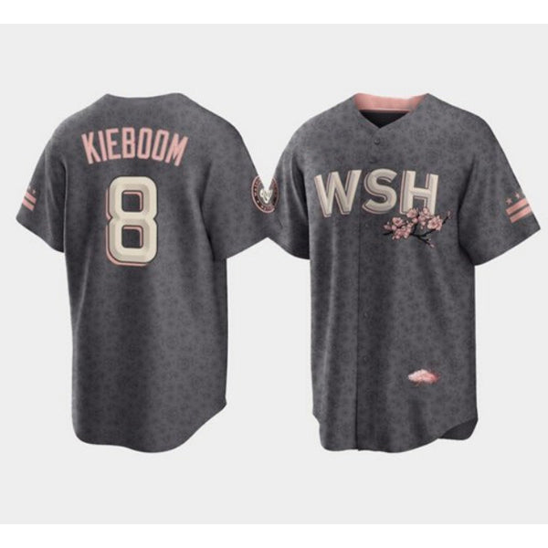 Washington Nationals #8 Carter Kieboom 2022 Grey Fedasgoge City Connect Cherry Blossom Cool Base Stitched Jersey