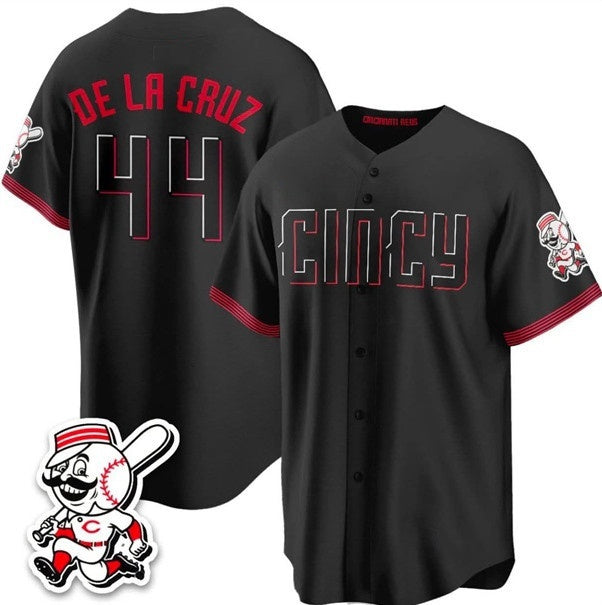 Cincinnati Reds #44 Elly De La Cruz Black Fedasgoge City Connect With Patch Limited Stitched Jersey