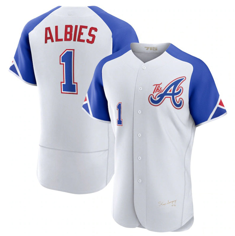 Atlanta Braves #1 Ozzie Albies White FOULKSSHOP 2023 City Connect Flex Base Stitched Jersey