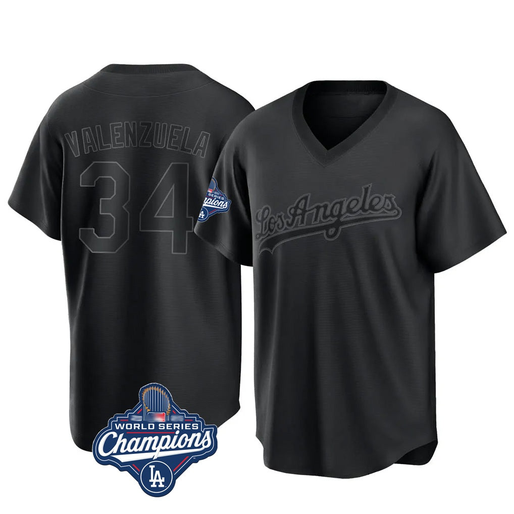 Los Angeles Dodgers #34 Fernando Valenzuela Player Black Fedasgoge World Series Meet Pitch Fashion T-shirt Stitched Jerseys