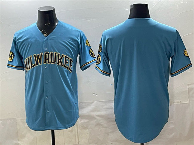Milwaukee Brewers Blank Blue Fedasgoge With Home & Bob Uecker Patch Stitched Jersey