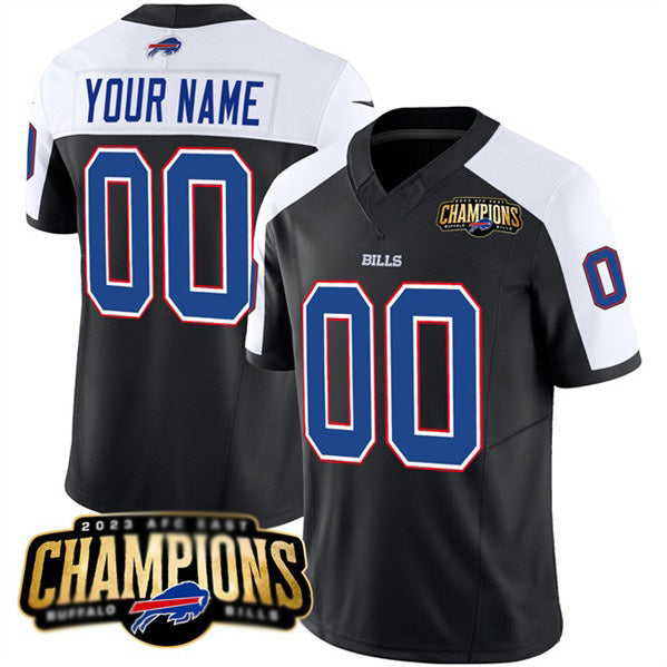 Custom B.Bills Active Player Black White Fedasgoge 2023 F.U.S.E. AFC East Champions Ptach Stitched Jersey