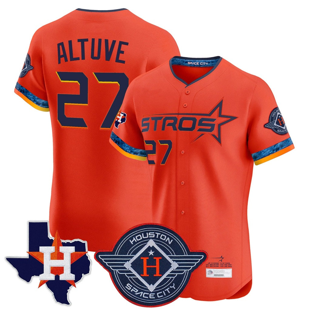 Houston Astros #27 Jose Altuve Player Orange Fedasgoge City Connect Texas Patch Vapor Premier Limited Elite Home Stitched Jerseys
