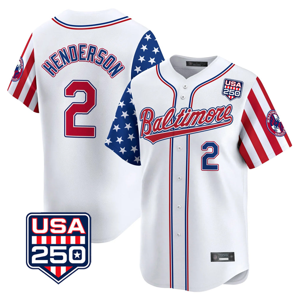 Baltimore Orioles #2 Gunnar Henderson Player White Fedasgoge USA 250 Independence Day Vapor Premier Limited Home Game Stitched Jerseys