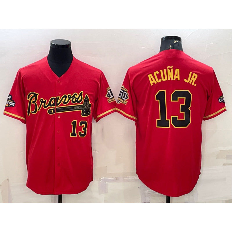 Atlanta Braves #13 Ronald Acuna Jr Red Gold FOULKSSHOP World Series Champions Program Cool Base Stitched Jersey