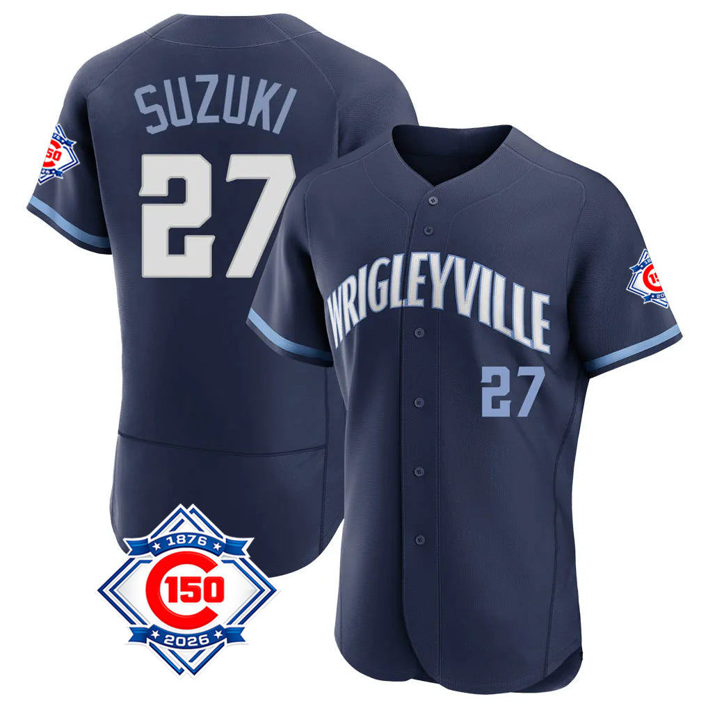 Chicago Cubs #27 Seiya Suzuki Player Navy Fedasgoge City Connect 150th Anniversary Limited Elite Home Stitched Jerseys