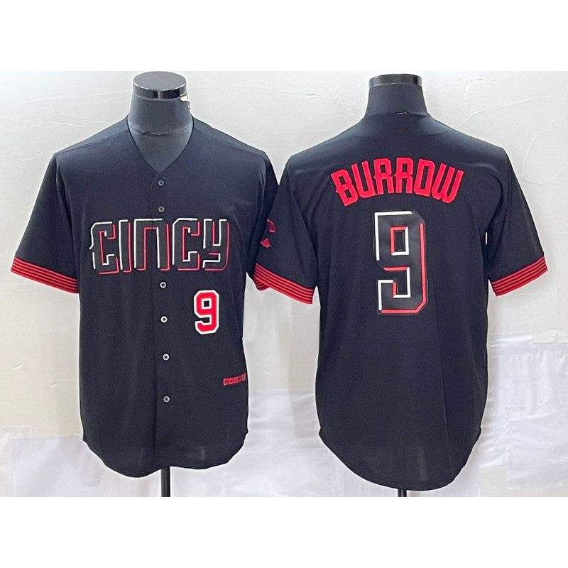 Cincinnati Reds #9 Joe Burrow Number Black Fedasgoge 2023 City Connect Cool Base Stitched Jersey 3