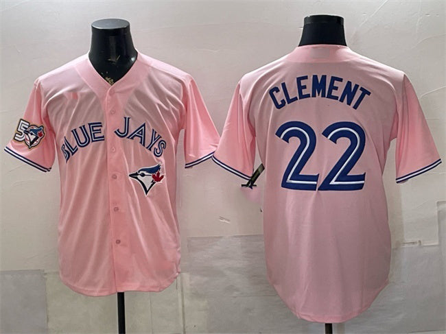 Toronto Blue Jays #22 Ernie Clement Pink Fedasgoge 50 Seasons Patch Stitched Jersey
