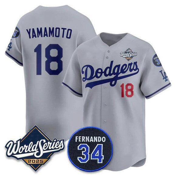 Los Angeles Dodgers #18 Yoshinobu Yamamoto Gray Fedasgoge 2025 World Series With No. 34 Patch Limited Stitched Jersey