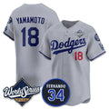 Los Angeles Dodgers #18 Yoshinobu Yamamoto Gray Fedasgoge 2025 World Series With No. 34 Patch Limited Stitched Jersey
