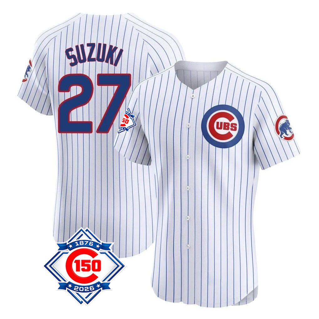 Chicago Cubs #27 Seiya Suzuki Player White Fedasgoge 150th Anniversary Limited Elite Home Game Stitched Jerseys