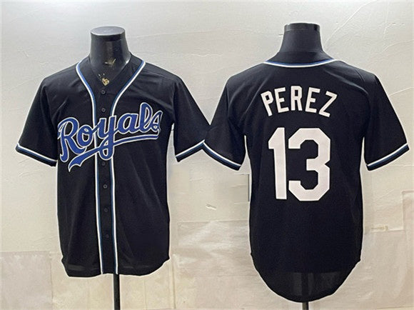 Kansas City Royals #13 Salvador Perez Black Fedasgoge 2026 Fashion Replica Black Out Stitched Jersey
