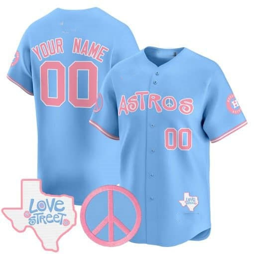 Custom Houston Astros Love Street & Peace Sign Patch Bubblegum Pink Vapor Premier Limited Jersey ¨C All Stitched Blue Fedasgoge