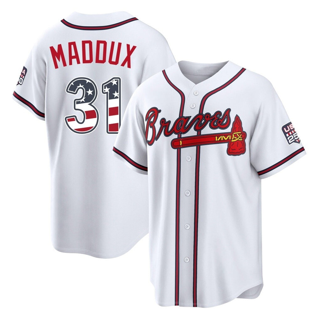 Atlanta Braves #31 Greg Maddux Player White Fedasgoge USA 250 Fourth Of July Limited Home Game Stitched Jerseys