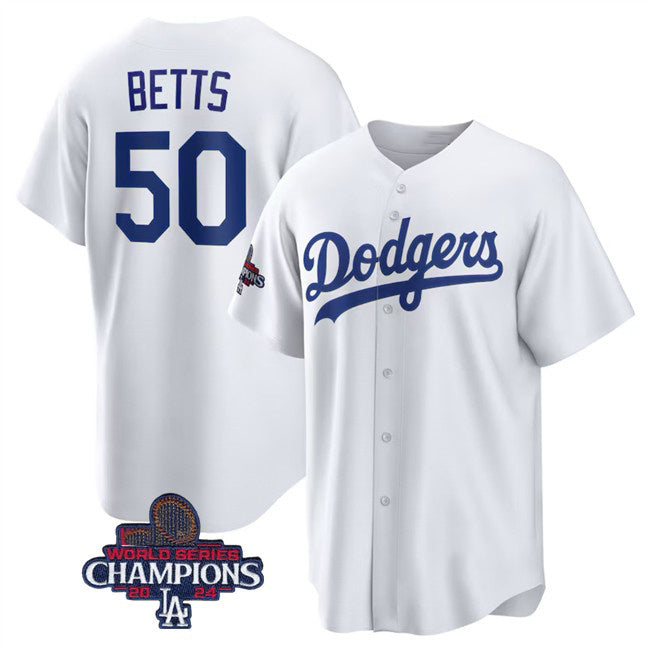 Los Angeles Dodgers #50 Mookie Betts White Fedasgoge 2024 World Series Champions Cool Base Stitched Jersey