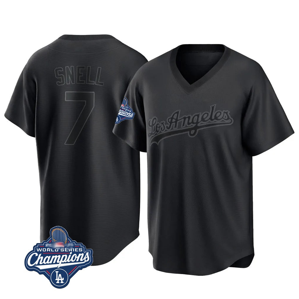 Los Angeles Dodgers #7 Blake Snell Player Black Fedasgoge Pitch Fashion World Series Meet T-shirt Stitched Jerseys