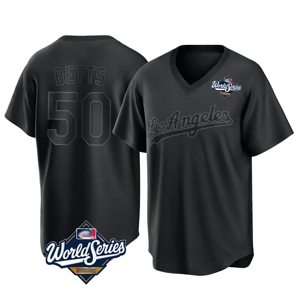 Los Angeles Dodgers #50 Mookie Betts Player Black Fedasgoge World Series Pitch Fashion T-shirt Stitched Jerseys