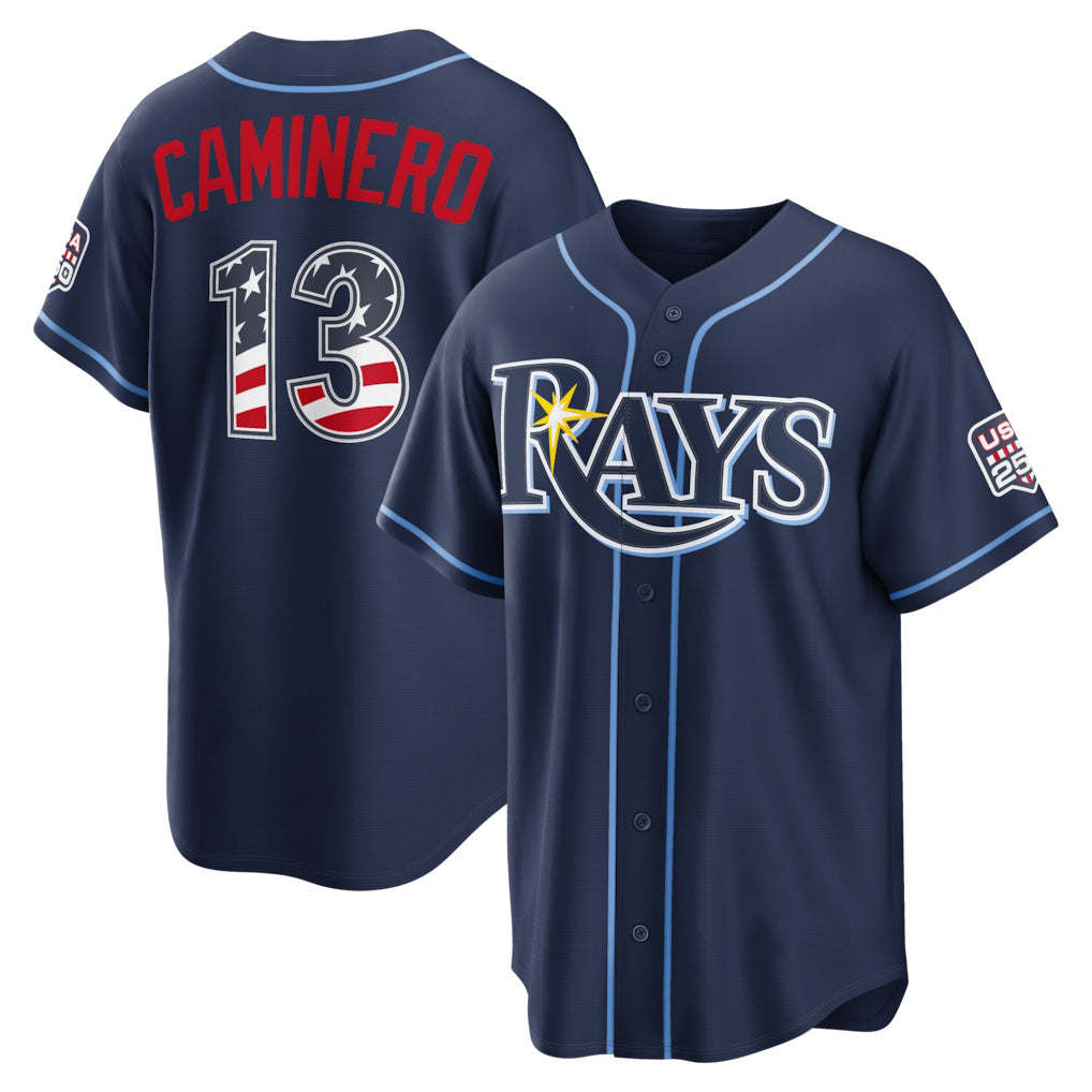 Tampa Bay Rays #13 Junior Caminero USA 250 Fourth of July Road Stadium Jersey - Navy Fedasgoge